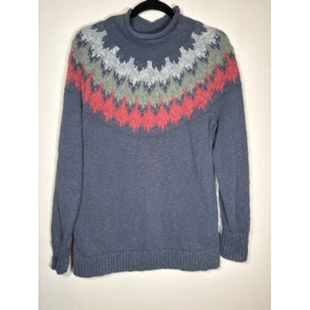 L.L. Bean Fair Isle Sweater Large Blue Cotton Mock‎ Neck Nordic Cottagecore